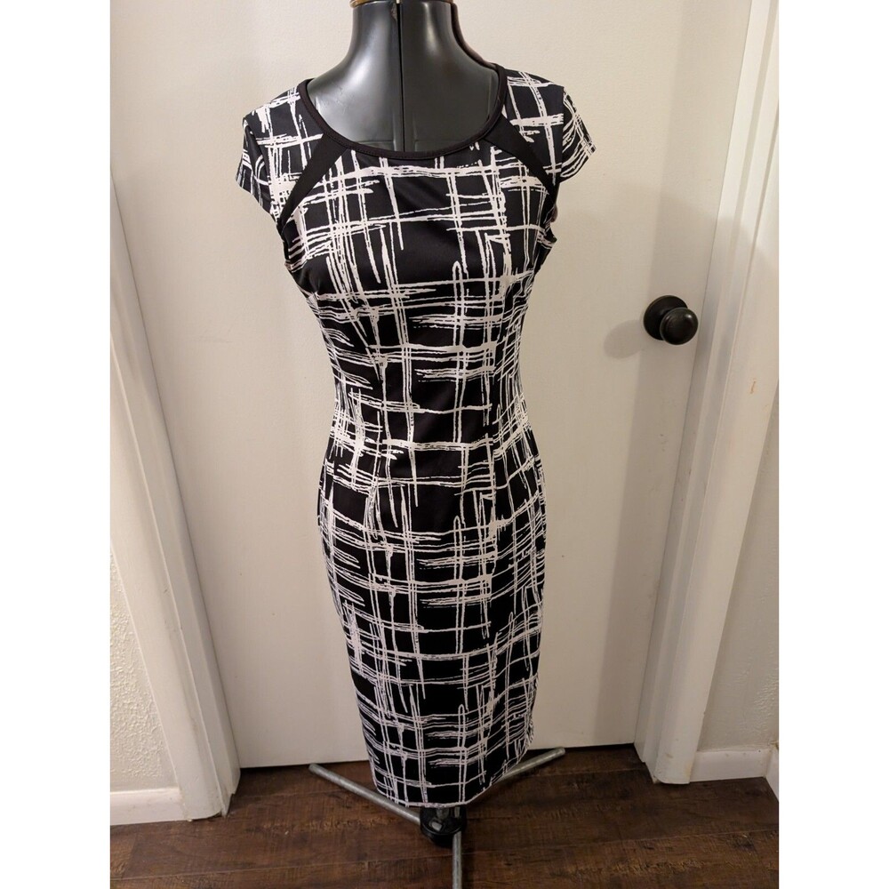 Lunajany Womens Sheath Dress Black White Geometric Abstract Print Cap Sleeve S